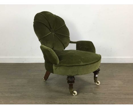 VICTORIAN WALNUT GOSSIP CHAIR, with green upholstery on ceramic castorsDamage to one castor. Joints loose to back and legs. U