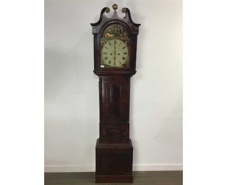 GEORGE III MAHOGANY LONGCASE CLOCK, with two train eight day movement, the white enamel dial set with Roman numerals, figural