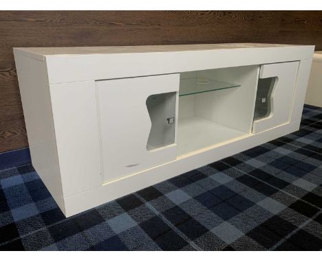 MODERN SIDEBOARD, in white enamel with two partly glazed doors158cm wide 