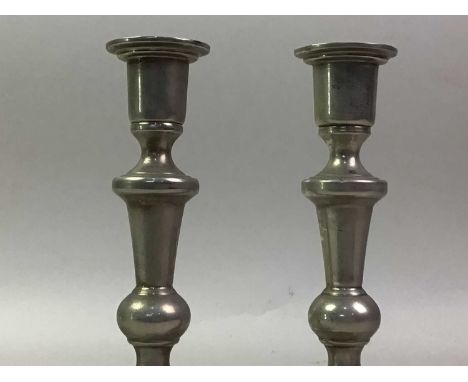 TWO PAIRS OF SILVER DWARF CANDLESTICKS, ALONG WITH FURTHER SILVER PLATED ITEMS  the dwarf candlesticks with Chester marks, th