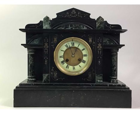 VICTORIAN BLACK SLATE CLOCK, the circular dial with Roman nurmerals40cm wide