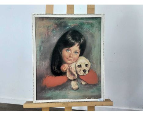 PRINT AFTER LOUIS SHABNER,  GIRL WITH DOG along with two other prints,each framed60cm high, 49cm wide