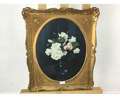 STUART PARK, WHITE AND PINK ROSES colour print, ovalin a gilt gesso frame58cm x 48cm overall 