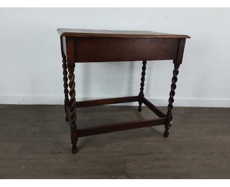 OAK SIDE TABLE, AND A MAHOGANY STANDARD LAMP  the side table on barley twist supportstable 74cm x 76cm Qty: 2