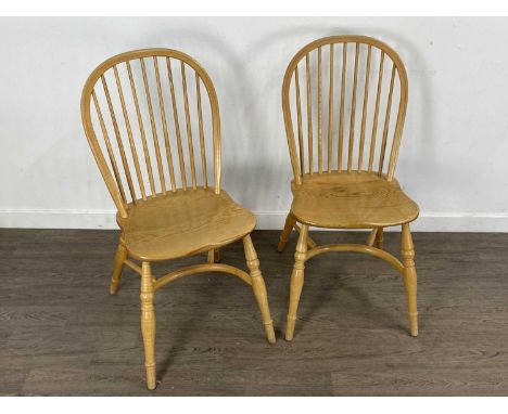 STEVEN BURGESS, DINING TABLE AND FOUR CHAIRS in light oak with spindle back chairs and crinolene stretcherstable 72cm x 105cm