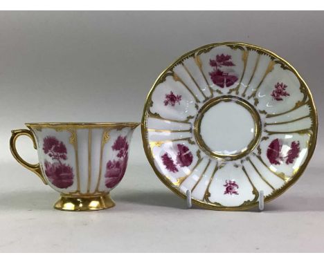 ROSETHAL TEA SERVICE, transfer decorated with puce landscape, vignettes within gilt line borders, comprising six cups, six sa
