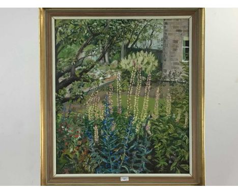 SHEILA MACFARLANE, GARDEN IN AUGUST, CARO oil on boardframed, along with a limited edition coloured printlarger 89cm x 79cmQt