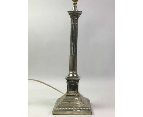 SILVER PLATED CORINTHIAN COLUMN LAMP BASE, modelled as a column on a raised plynth, the plynth on a splayed base, modelled as