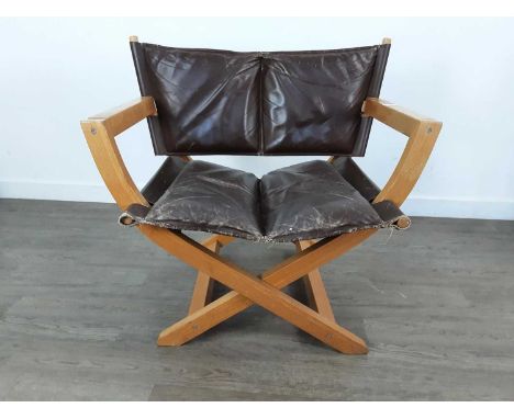 FOLDING DIRECTORS CHAIR, LATE 20TH CENTURY  in light beech with leather seat and back, by Westnofa, Norway.