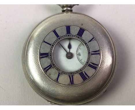 TWO SILVER CASED POCKET WATCHES, AND ANOTHER including an Albert chain with attached compass, propelling pencils, two church 