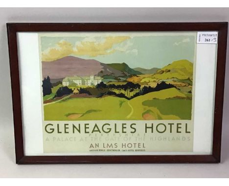 FRAMED 'GLENEAGLES HOTEL' LMS RAILWAY POSTER, AND OTHER PICTURES the LMS railway poster advertising Gleneagles Hotel, along w