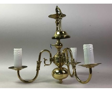 BRASS CHANDELIER, ALONG WITH A PAIR OF BRASS CANDLESTICKS AND COPPER PLANTER  the chandelier with three scroll branches, the 