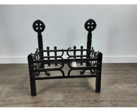 CAST IRON FIRE BASKET, with Celtic cross finials, lacking grate59cm wide