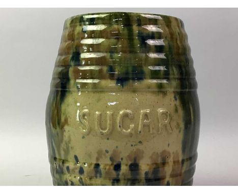 TWO SCOTTISH STONEWARE KITCHEN BARRELS, EARLY 20TH CENTURY  both inscribed sugar, along with a Winslow pottery sculpturethe t