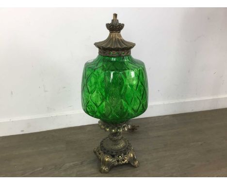 TWO BRASS TABLE LAMPS, one with green shade, the other with ceramic columnQty: 2