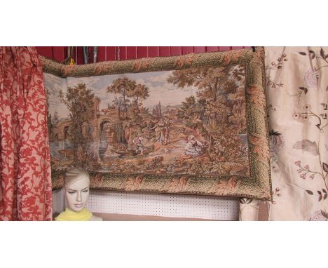 A large Auberge wall hanging tapestry depicting a bridge scene with figures, 86cm drop x 168cm wide