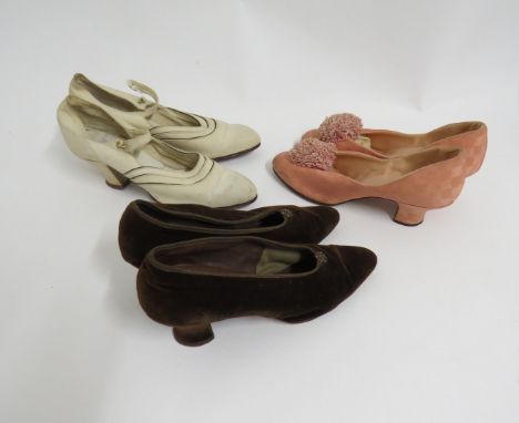 A pair of 1920's cream linen Louis heel canvas shoes, 30's pink square patterned fabric evening shoes with pom poms, 20's bro