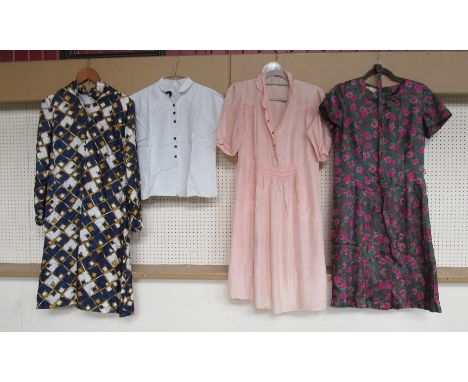 Two mid 20th Century dresses, one including Tricel label, a 1950's blouse and a pale peachy pink 1940's rayon dress (4)
