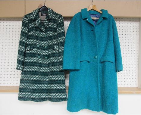 HARRY AMIES "ready to wear" 1960's turquoise and emerald boucle wool coat, single breasted, with large button, one missing, 3