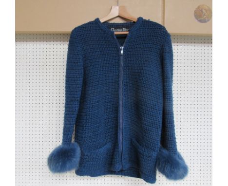 CHRISTIAN DIOR: BOUTIQUE FOURRURE vintage 1970'S-80'S petrol blue chunky wool knit zip front jack with fur cuffs, a/f to one 