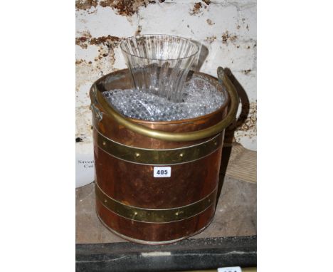 A copper and brass bound coal bucket hanging lantern and brass bowl