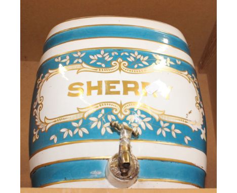 Three ceramic spirits barrels; Sherry, Rum and Scotch  with lids and brass spigots.