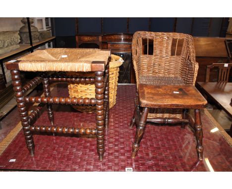 A 19th Century stool, bobbin turned example with rush seat, wicker childs chair and basket (4)