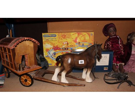 A quantity of assorted toys and dolls to include a wooden model Gypsy caravan, Chad Valley Express Freight Train