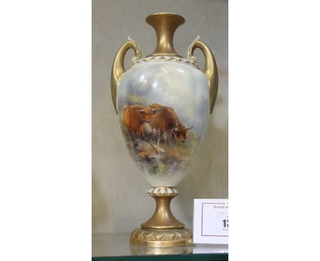 A Royal Worcester porcelain vase, signed J. Stinton, two-handled ovoid form decorated with highland cattle, pedestal base, sh