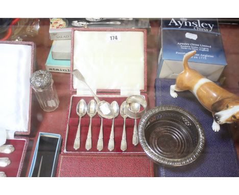 A cased set of silver teaspoons, silver handled knives, a spoon, napkin ring, a quantity of plated ware and other items 