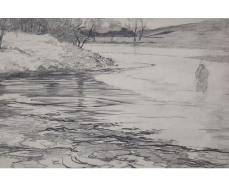Norman Wilkinson (1878-1971)Fisherman wading in a river Graphite on wove paper21cm x 32.5cm