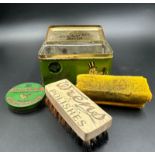 A vintage "Wrens Superwax" shoe polishing kit with brush, wax and cloth in original tin