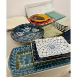 A selection of various plates mostly rectangles and square