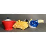 Three ceramic tea pots of a bird, car and a sadler, Art Deco style