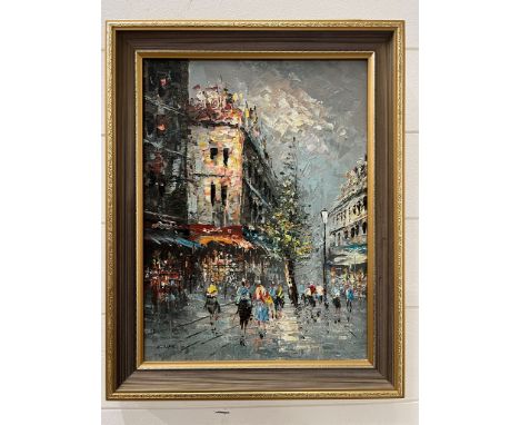 "Busy Street" by K .Neil, 20th Century oil on canvas (30cm x 40cm)