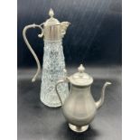 A cut glass claret jug and pewter teapot