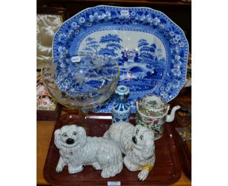 A large 19th century Spode blue and white transfer printed meat plate with well; together with an overlaid glass bottle; a Ch