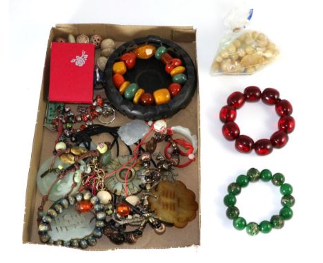 A quantity of Chinese costume jewellery including wooden bead necklaces, jade etc 