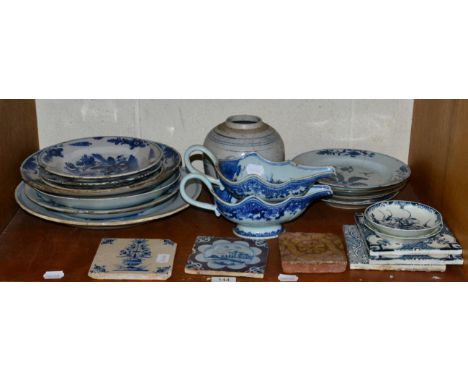 18th/19th century Chinese/Dutch/English porcelain and earthenware including tiles, ginger jar, plates, pair of sauceboats, tw