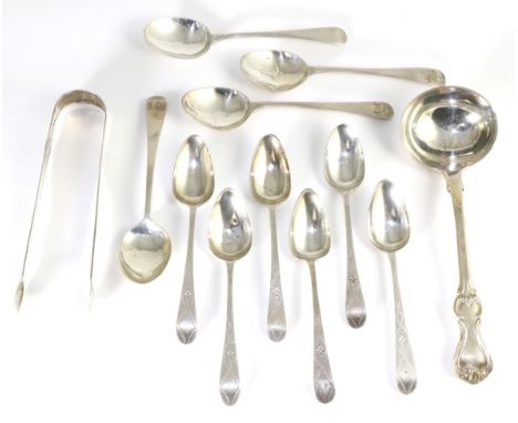 A Victorian silver Albert pattern sauce ladle, Chawner & Co, London 1858; a set fo six bright engraved tea spoons, probably G