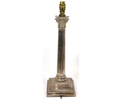 A large silver plated Corinthian column table lamp and shade by Goldsmiths Co, Regent St, 