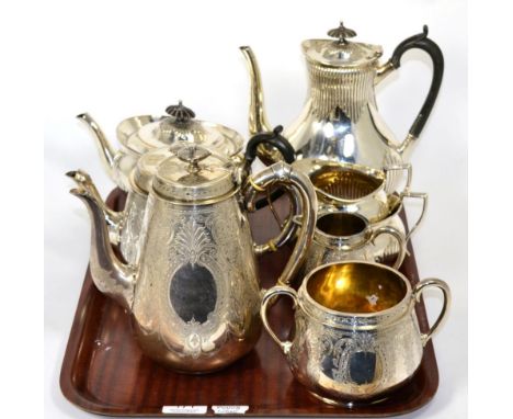 A four piece Elkington electroplated tea and coffee service; another Victorian electroplated four piece tea and coffee servic