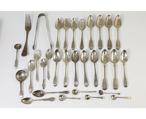 A set of six George III silver fiddle pattern tea spoons, Peter & William Bateman, London 1812; a matched set of six fiddle p