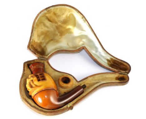 An erotic Meerschaum pipe, with twist action, cased (missing stem mouthpiece) 