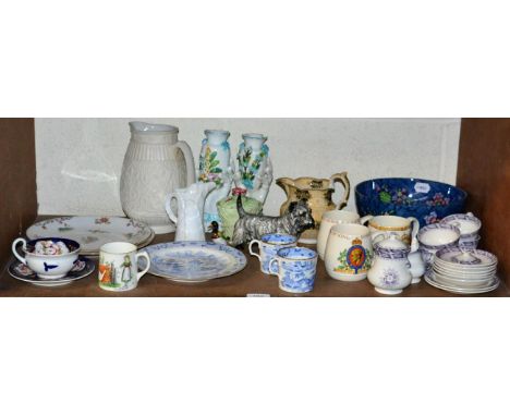 Assorted 19th and 20th century ceramics to include a childs tea service; Spode coffee cans; commemorative mugs; Royal Doulton