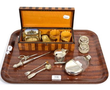 A plated and glass hip flask; a silver mustard; silver items; gilt metal and glass ring box; horn snuff and a Grants box 