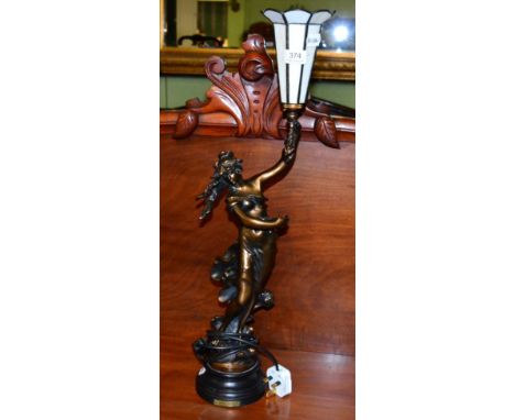 After Louis Moreau, a spelter figural table lamp