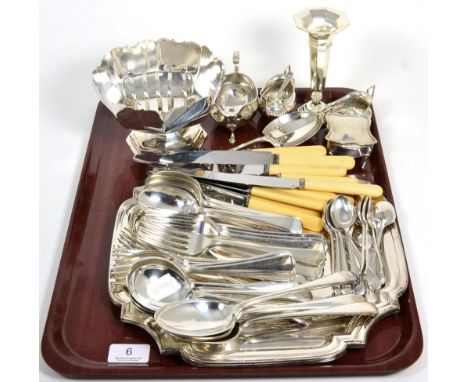 A group of silver items to include a pair of silver salts; a sauce boat; a ring box and serving spoon; together with a part s