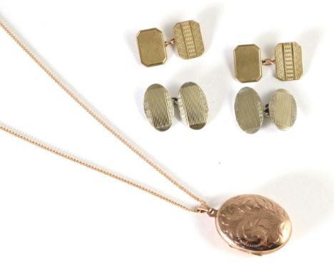 A 9 carat rose gold locket on chain; a pair of 9 carat gold cufflinks; and a pair of silver and gold cufflinks 