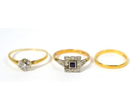 An Art Deco sapphire and diamond cluster ring, a square cut sapphire within a diamond set square frame, to diamond set should